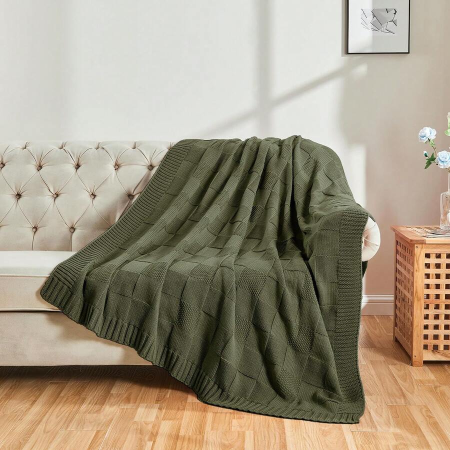 Soft Textured Tassel Knit Blanket, Bedroom Bed Throw - Dark Green - View 1