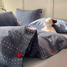 3/4-teiliges Bettbezug-Set aus garngefärbtem Stoff, heller Kontrastfarben-Stil, Knopfdekor, weich & bequem Schlafzimmer-Bettwäsche, atmungsaktive weiche Ganzjahres-Bettwäsche, enthält 1 Bettbezug, 1 Bettlaken, 1 oder 2 Kissenbezüge, ohne Füllung, geeignet für Schlafzimmer, Wohnung, Heimgebrauch, mehrere Größenoptionen - marineblau - Übersicht 1