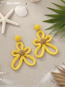 French Country Style Handmade Woven Flower Earrings For Women, Summer Fresh Straw Woven 3D Flower Drop Earrings, Vacation Style Jewelry - Yellow - View 4
