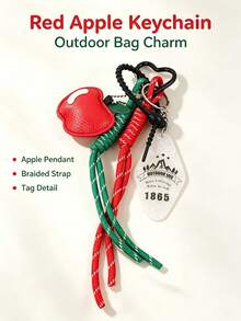 PU Apple Keychain, Bag Charm With Braided Rope Tassel, Mountain Print Acrylic Tag & Heart‑Shaped Carabiner, Cute Fruit Pendant For Backpack Purse - Multicolor - View 10
