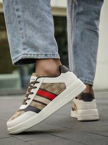 Men's New Fashion Colorblock Striped Random Print Front Lace-Up Skateboard Shoes, Simple Comfortable Outdoor Sports All-Season Versatile Casual Sneakers - Beige - View 9