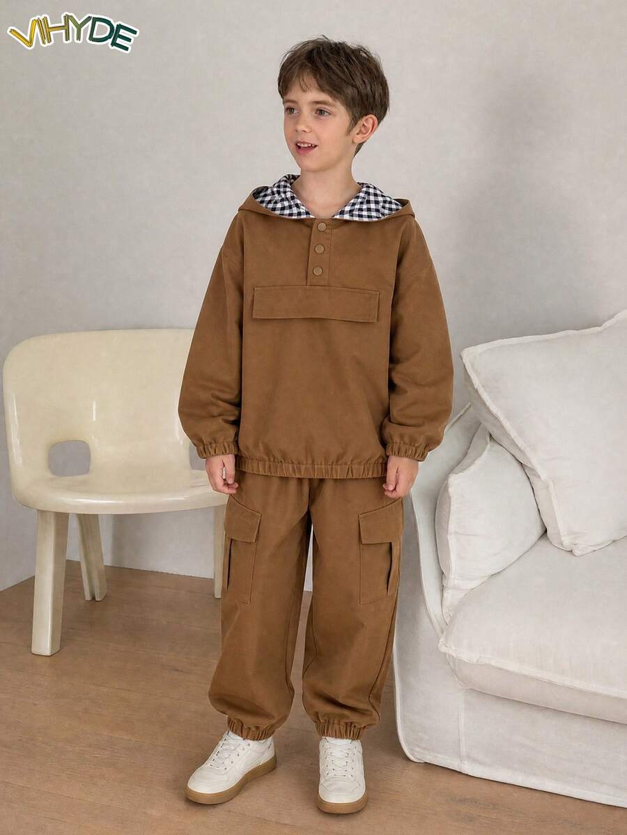 Vihyde Tween Boys Casual Sports Woven Half-Zip Decorative Button Hooded Overcoat Jacket 2Pcs For Autumn/Winter Boys Tracksuit - Brown - View 1