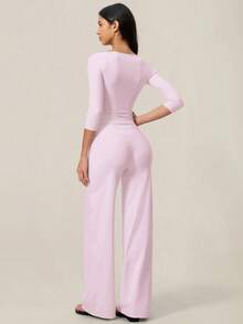TimeOff Women's One Set Solid Color Open Shoulder Off Shoulder Mid-Sleeve Fitted Top And Wide Leg Long Pants - Pink - View 3