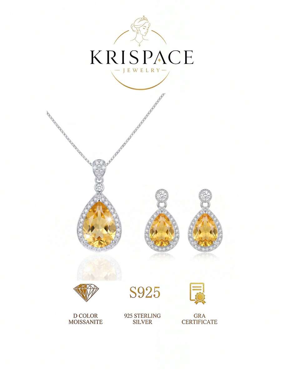 2pcs/Set S925 Sterling Silver Pear-Shaped Cut Yellow Crystal Women's Jewelry Set, Water Drop Pendant Necklace And Dangle Earrings, Suitable For Wedding Party, Best Gift For Her - Yellow - View 1