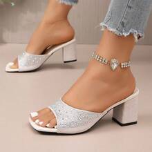 Shiny Rhinestone Chunky Heel High Heel Slides, Women's Square Toe Open Toe Outdoor Party Banquet Sandals - Beige - View 4