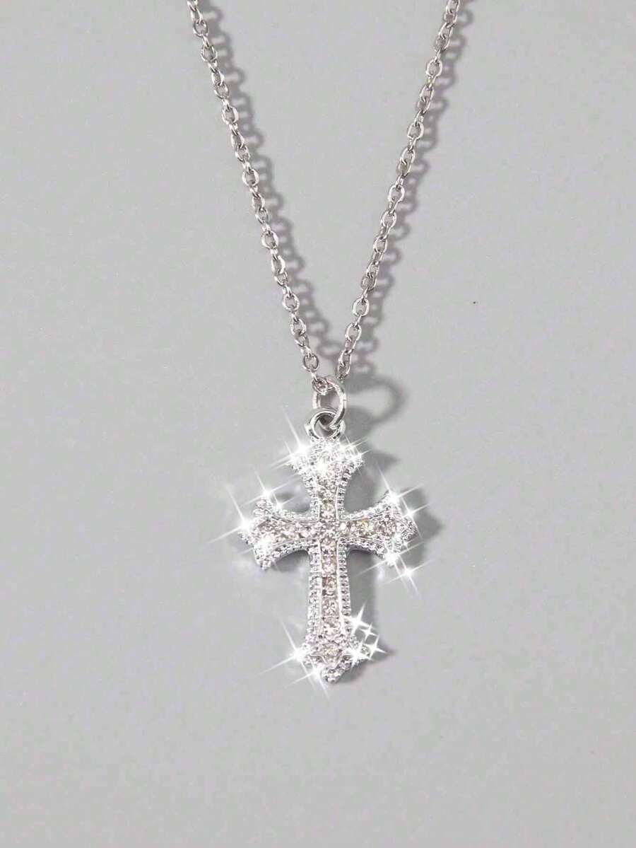 Rhinestone Decorated Cross Niche Design Zirconia Clavicle Chain Necklace, Valentine's Day Gift - Silver - View 1