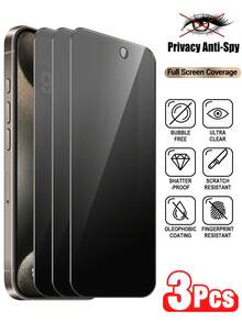 3pcs Anti-Peeping Tempered Glass Screen Protector, Compatible With IPhone Duo/18 Pro/18 Pro Max/17 Pro Max/17 Pro/17/16/15/14/13/12/11/XS/XR/X Series, Full Screen Coverage High Definition Glass Film, 9H Hardness Anti-Scratch Anti-Fingerprint, Waterproof Shockproof, Bubble-Free, Suitable For Phone Case Phone Screen Protection Accessories - Black - View 2