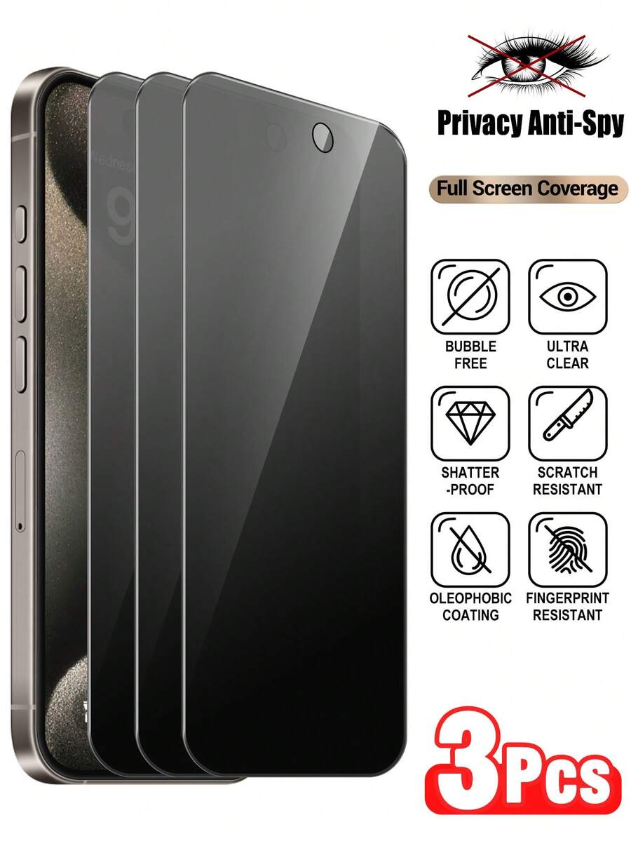 3pcs Anti-Peeping Tempered Glass Screen Protector, Compatible With IPhone Duo/18 Pro/18 Pro Max/17 Pro Max/17 Pro/17/16/15/14/13/12/11/XS/XR/X Series, Full Screen Coverage High Definition Glass Film, 9H Hardness Anti-Scratch Anti-Fingerprint, Waterproof Shockproof, Bubble-Free, Suitable For Phone Case Phone Screen Protection Accessories