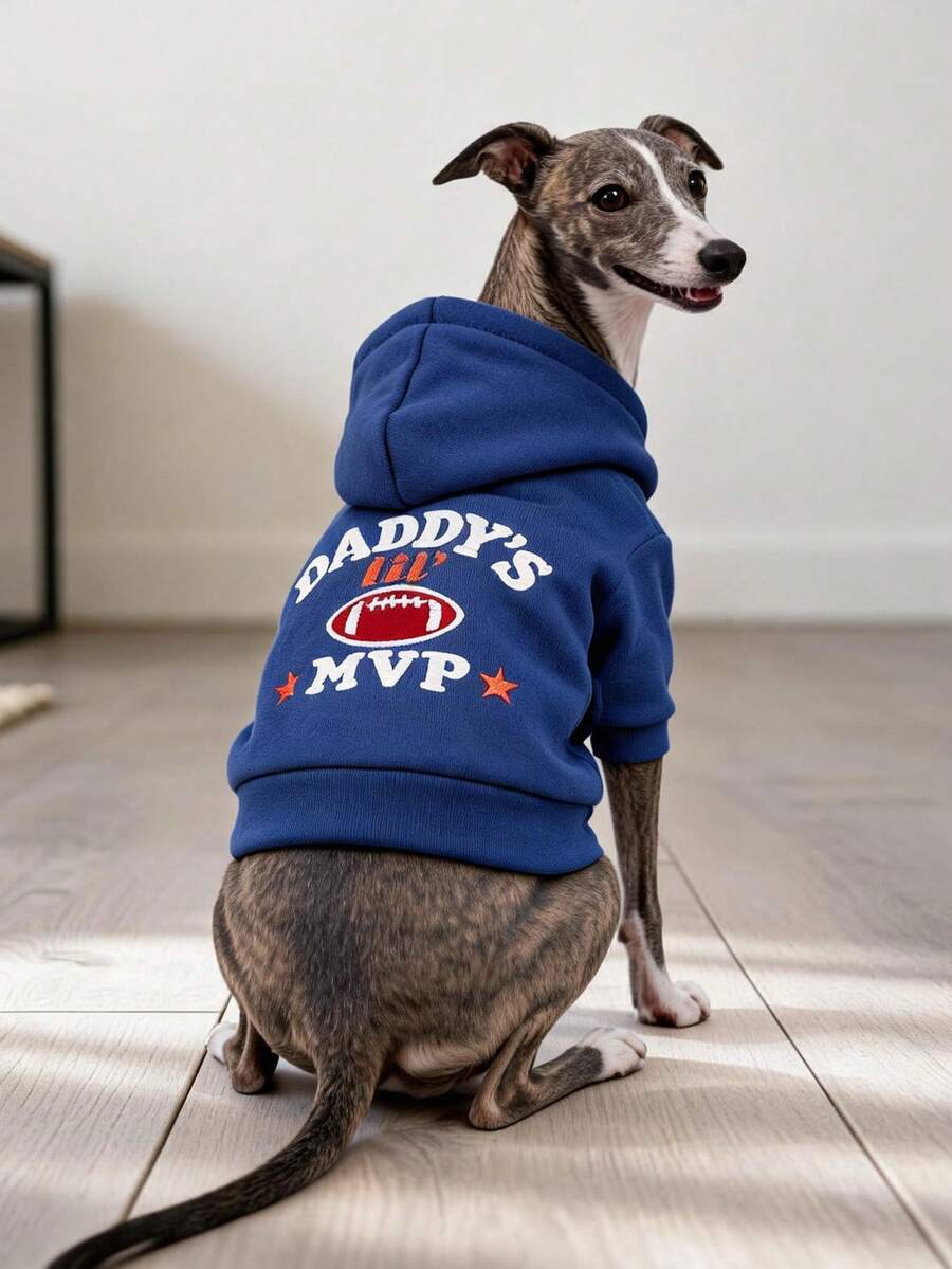 1 pièce Vêtements pour animaux de compagnie Chien Chat Vêtements pour petit chien Chiot Sweat-shirt à capuche chaud et mignon pour l'automne et l'hiver Sweat-shirt Le petit joueur de papa - Bleu azur - Voir 1