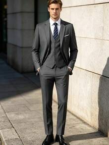 Men's 3-Piece Slim Fit Formal Suit Set, Single-Breasted 2-Button Blazer, V-Neck Vest, Dress Pants, Spring/Summer Business Wedding Suit - Dark Grey - View 6