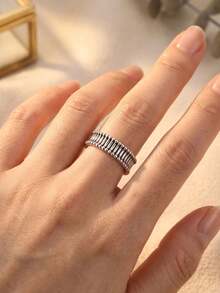 1pc Vintage Vertical Striped Beaded Silver Ring, Unisex Jewelry, Suitable For Daily Wear And Gift - Silver - View 5