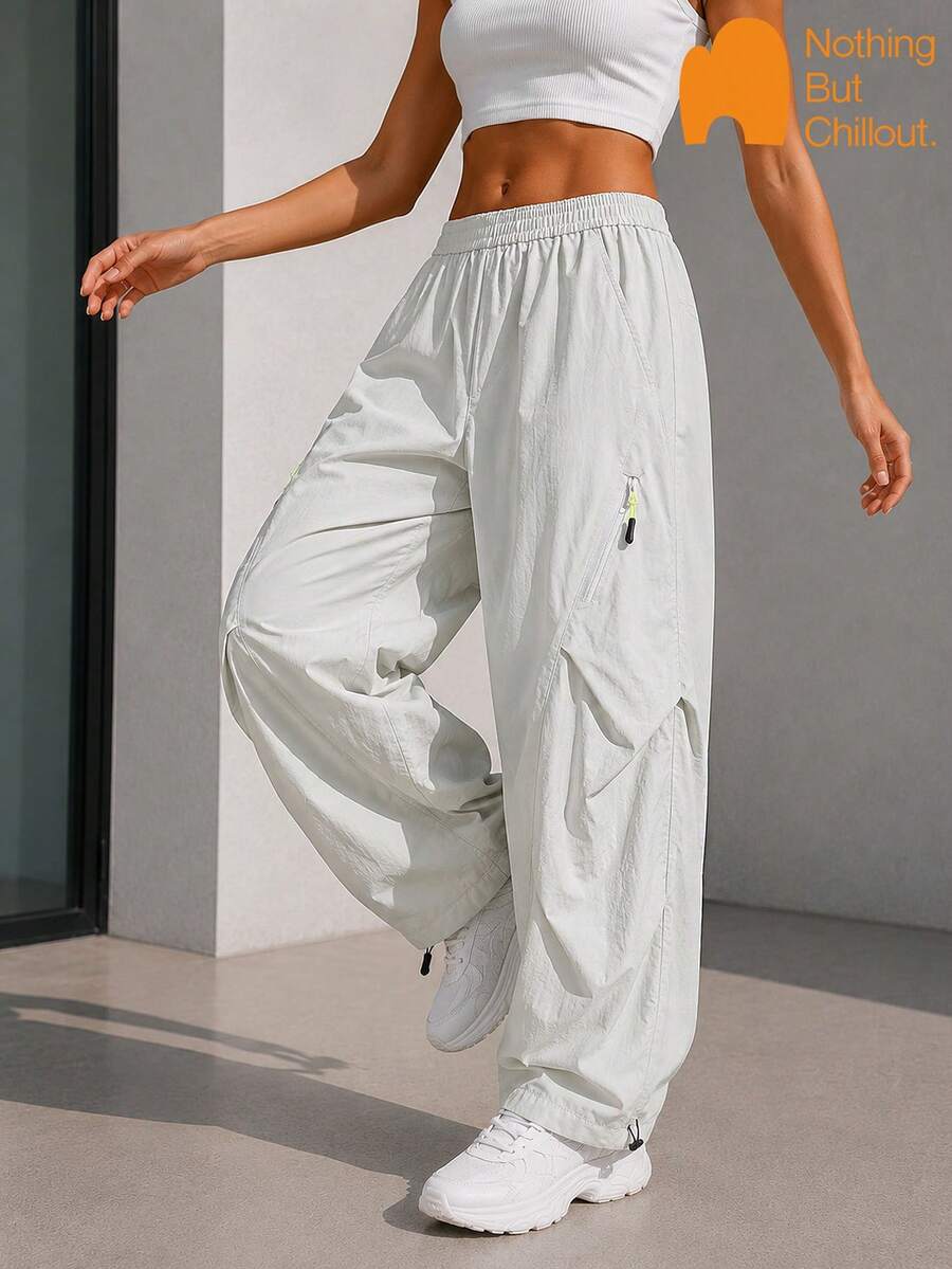NBCT Women's Outdoor Cargo Pants, Elastic Waist Drawstring Hem Functional Casual Versatile Sports Long Pants
