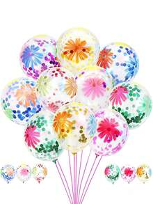 100/50pcs 12-Inch Colorful Floral Print Transparent Sequin Latex Balloons With Balloon Stick Holder, Spring/Summer Tropical Party Decor, Birthday Wedding Bridal Shower Graduation Picnic Party Supplies - Multicolor - View 2
