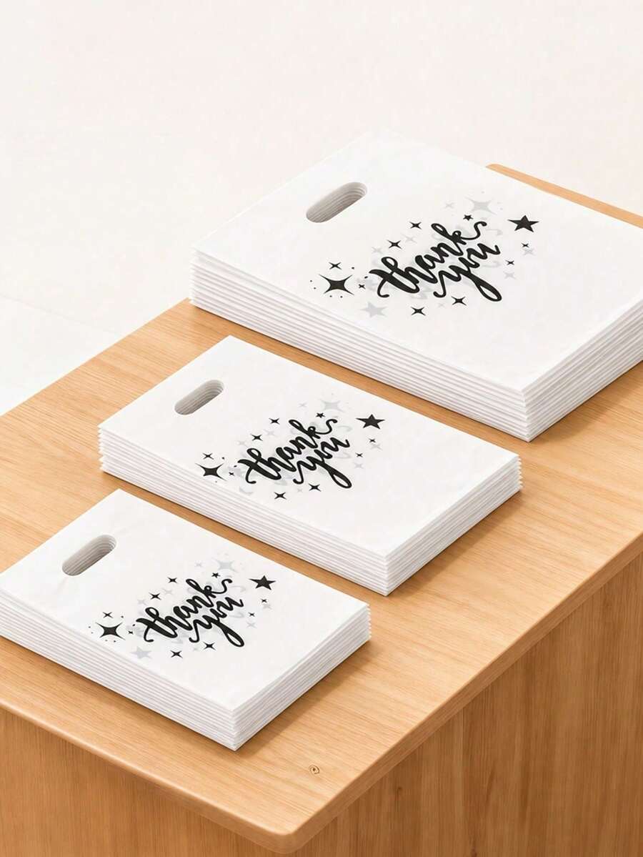 100pcs White Plastic Gift Bags With Printed Thank You Design, 3 Sizes Large Medium Small, Thick Durable Reusable, Suitable For Retail Packaging, Holiday Gift Wrapping, Commercial Packaging Essential, Christmas Thank You Gift Packaging - Multicolor - View 1