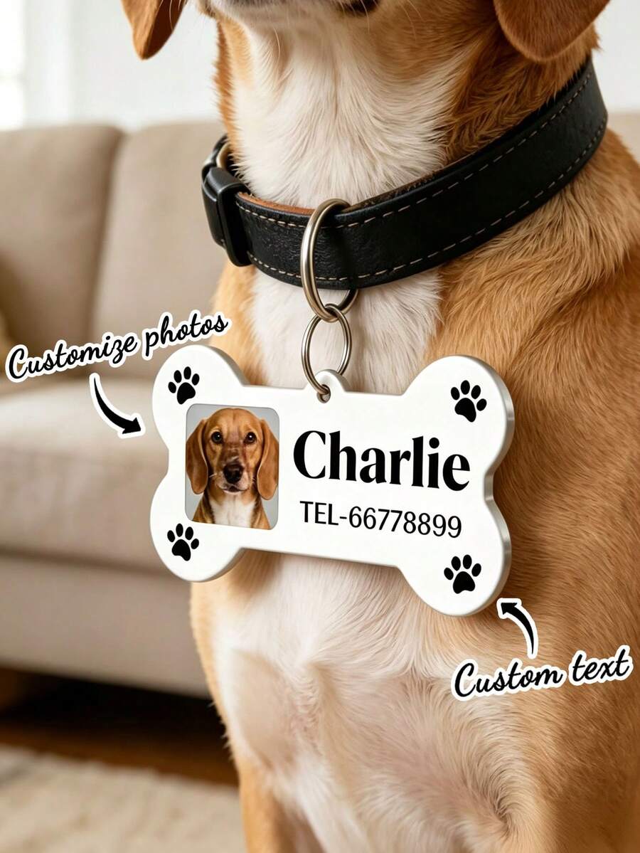 Custom Bone-Shaped Pet ID Tag, Can Print Photo, Name, Contact Phone, Anti-Lost Dog Identity Tag, Metal Pet Pendant, Cat & Dog Collar Tag, Pet Accessory Gift, Personalized Pet Acrylic Accessory, Puppy ID Tag Can Customize /Text Suitable For Anti-Lost Label, Identity Identification Tag, Commemorative Gift - Multicolor - View 1