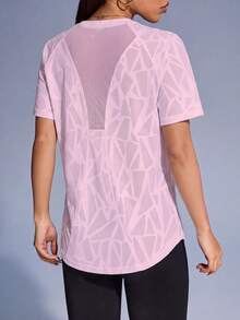 1 buah Kaos Olahraga Desain Patchwork Jala, Potongan Longgar, Kain Nyaman, Desain Patchwork Jala di Bagian Belakang, Kain Jacquard Geometris, Cocok untuk Lari, Kebugaran, Yoga, Pilates dan Aktivitas Lainnya - Berwarna merah muda - View 3