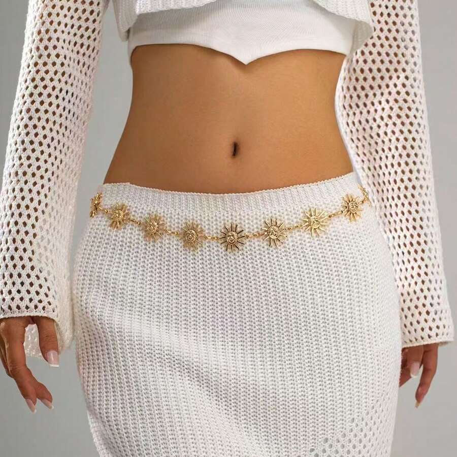 Plus Size Bohemian Vintage Women's Fashion Floral Waist Chain - Gold - View 1