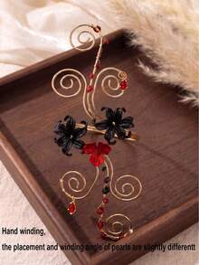 1pc Women's Vintage Handmade Metal Wire Wrapped Black & Red Flower Cuff Bracelet With Pearl & Crystal Pendant, Gothic Style Jewelry - Red - View 4