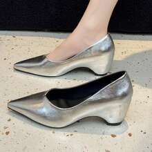 Women's High Heel Pumps, Round Toe Slip-On, Elegant, Hidden Lift, Chunky Heel, Casual, Solid Color, Fashion, Professional, Formal Office, Latin Style - Silver - View 5