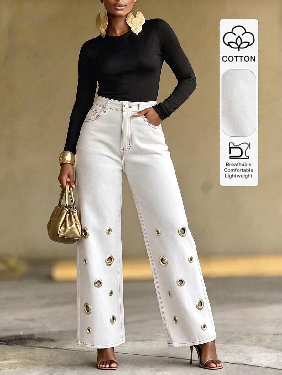 Four Seasons Fashion Street Style Personalized Women's Jeans, Straight Leg Cut, Perfect For Creating Casual Fashion Look, White Autumn Style - White - View 1