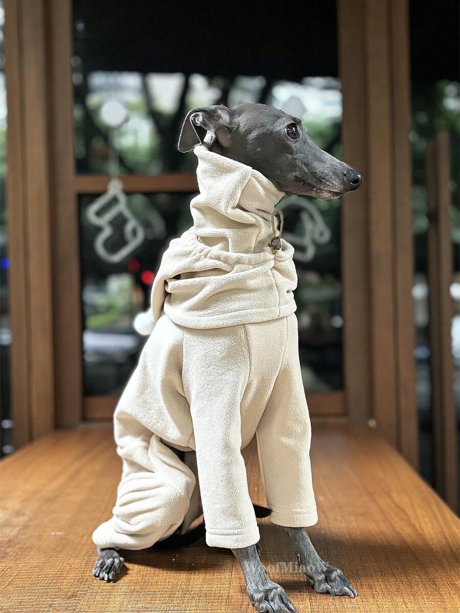 Italian Greyhound Whippet Patchwork Contrast Color 4-Legged Outfit With Hat 2 Pieces Set Soft Comfortable Double-Sided Fleece Pet Dog Autumn/Winter Clothes 4-Legged Fleece Warm Pet Clothing Set - Apricot - View 1