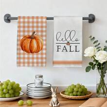 MEMNUN 2 Pcs Orange & White Plaid Maple Leaf Pumpkin Print Kitchen Towels Dish Cloths, Ultra-Fine Microfiber Polyester Material, Hello Fall Autumn Decor Hand Towels Thanksgiving Home Fabric Hanging Towels, Home Decor, Kitchen Decor, Fall Decor, Suitable For Restaurant Kitchen Home Decoration And Gift Giving, 40*60cm/45*70cm - Multicolor - View 8
