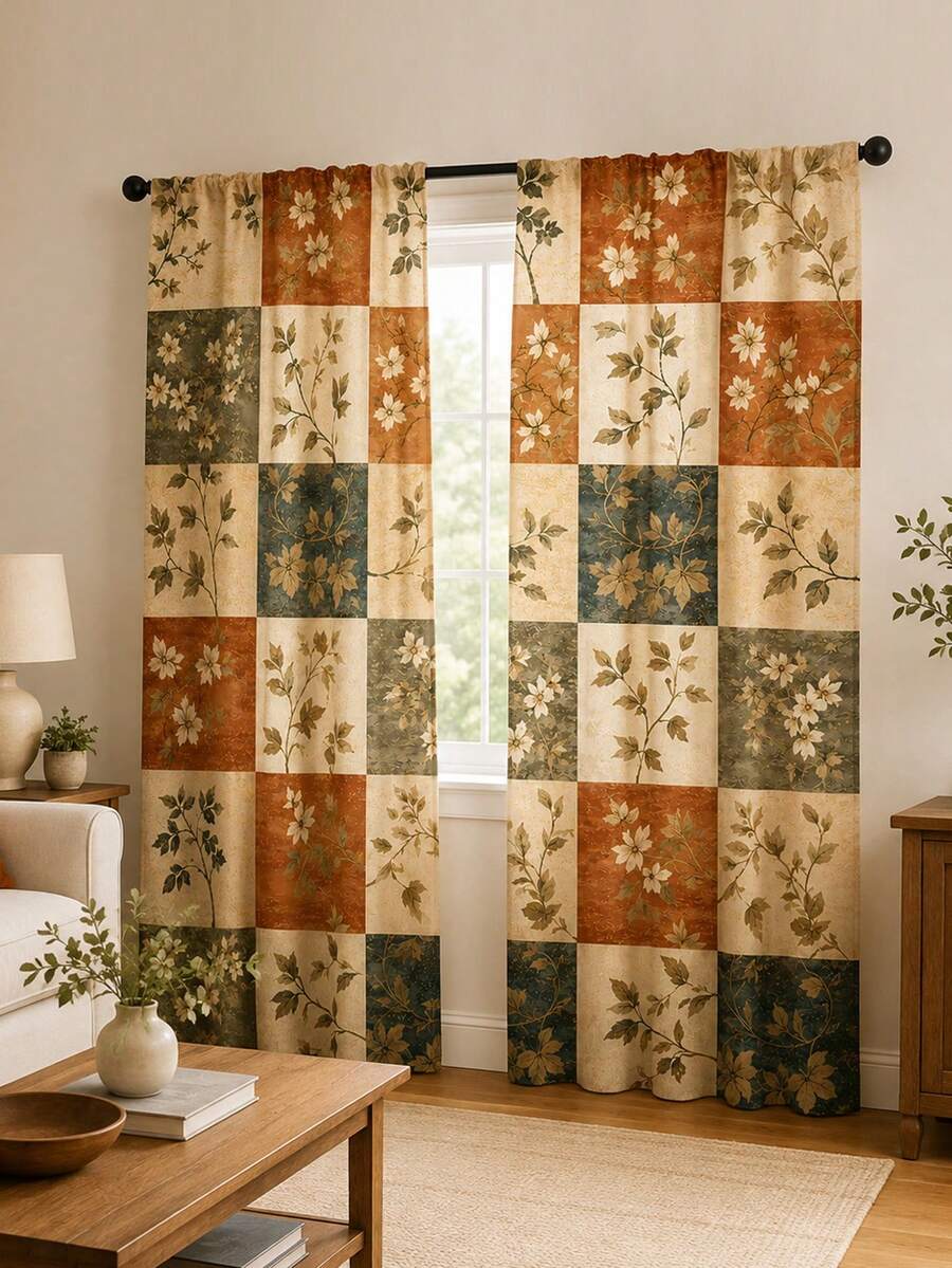 2PCS Vintage Floral Patchwork Print Curtains, Nostalgic Flower & Leaf Plaid Window Drapes, Pastoral Country Style Living Room Bedroom Kitchen Home Decor - Multicolor - View 1