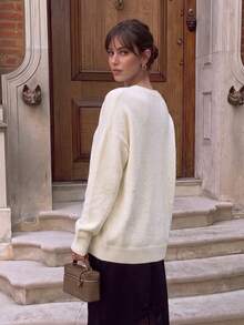 Women's Soft Knit Cardigan, V-Neck Long Sleeve Single-Breasted Casual Loose Sweater, Autumn - White - View 2
