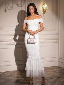 PARTHEA Women Elegant Off‑Shoulder Mermaid Party Dress, Ruched Layered Ruffle Hem White Bodycon Long Dress - White - View 6