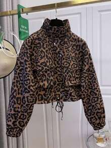 European & American Popular Women's Personalized Casual Versatile Leopard Print Zipper Short Stand Collar Jacket Coat, Suitable For College, Daily, Dating, Spring, Autumn, Winter - Multicolor - View 3