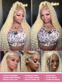 Uveous 34 Inch Wigs Human Hair Blonde Lace Front Deep Wave 613 Blonde 13x4 HD Transparent Curly Real Human Hair 200% Density Lace Frontal Wig With Natural Hairline Halloween Season - S613 - 查看 4