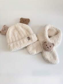 2pcs Cute Bear Decor Baby Plush Knitted Hat Set, Soft Fluffy Warm Toddler Winter Knitted Headwear, Sweet Children Cold Weather Outfit Accessory - Bear 2-piece Set - View 9