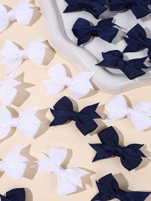 24pcs Girls Back To School Deep Blue & White Fabric Bow Hair Clips, Crocodile Hair Clips, Fashionable Children's Hair Accessories, First Day Of School Gift - Multicolor - View 6