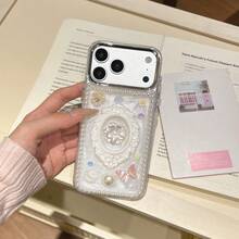 1件法式復古立體珍珠浮雕花卉手工珍珠邊框手機殼，適用於 Apple 17 Pro Max/11/12/13/14 Plus/15/16 Pro - 白色 - 查看 3