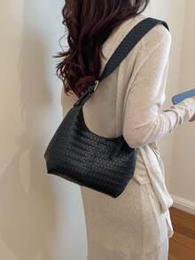 High-End Black Woven Texture Women's Tote Bag, Large Capacity, Adjustable Shoulder Strap, Shoulder, Commute, Large Size - Black - View 3