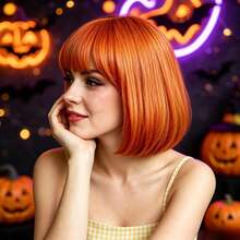 Fashionable 14 Inch Burgundy Short Bob Wig With Straight Bangs, Smooth And Vibrant Women's Short Hair, Basic Style, Adjustable Breathable Inner Cap, Synthetic Fiber Wig, Comfortable And Breathable, Easy To Style, Suitable For Cosplay, Party And Daily Wear, Perfect For Halloween Events - Multicolor - View 7