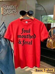 100% Cotton Crop Top T-Shirt With Gothic Lettering Foul Mouthed  , On Wooden Hanger, Glasses, Blue Jeans, Indoor Staircase, Vacation Outfitswomen - 基礎T-紅色 - 查看 1