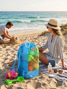 Large Mesh Beach Tote Bag/Backpack, Durable And Sand-Proof, Drawstring Closure Design, Suitable For Storing Swimming Gear, Pool Toys, Balls, Etc., Effectively Isolates Sand And Moisture, Essential For Camping, Travel And Vacation - Multicolor - View 10