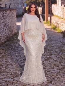 Plus Size Glamorous Beaded Sequin Mermaid Gown With Flowy Cloak Sleeves, A Sophisticated Formal Dress For Special Occasions - Champagne - View 4