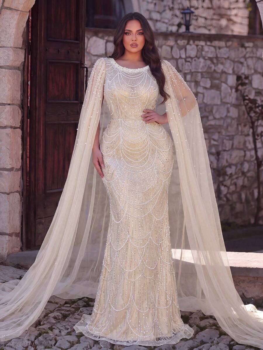 Plus Size Formal Gown With Beaded Sequins And Pearl Details On A Mermaid Silhouette With Extra-Long Cloak Sleeves, And Tie Back For Party Or Event - Champagne - View 1