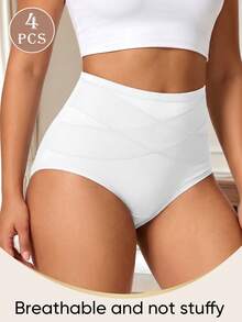 MEIYATING 4pcs/Pack Women's Mid-To-High Waist Cotton Panties, Tummy Control & Butt Lifting Triangle Briefs, Cross-Front Fitted - White - View 6