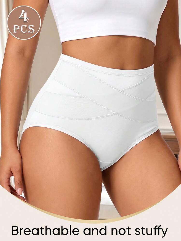 MEIYATING 4 cái/gói quần lót nữ cạp vừa đến cao bằng cotton, quần lót tam giác định hình bụng và nâng mông, thiết kế chéo trước ôm sát - trắng - Xem 5