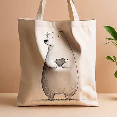 1 pieza de adorable bolsa de lona con diseño de oso polar, 13.8"x15.8" - Bolsa de supermercado elegante y reutilizable, con diseños de oso polar y corazón, bolsa de compras de poliéster, ade