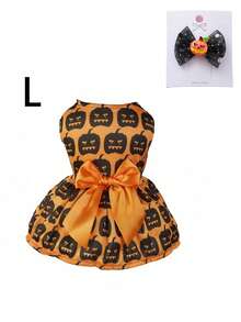Halloween Pumpkin Print Dog Dress, Matching Bow And Ruffled Collar Set, Cute Orange And Black Halloween Costume, Lantern Pattern, Party Pumpkin Dress, Glittery Pumpkin Bow Hair Clip And Glittery Mesh Ruffled Collar - Multicolor - View 13