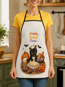 1pc Halloween Baking Theme Apron, 55x68cm Large Size Black Border Kitchen Decor, Printed With Cute Cat And Pumpkin Pattern Autumn Holiday Table Party Accessory, Suitable For Cooking In Autumn And Winter - Multicolor 1 - View 1