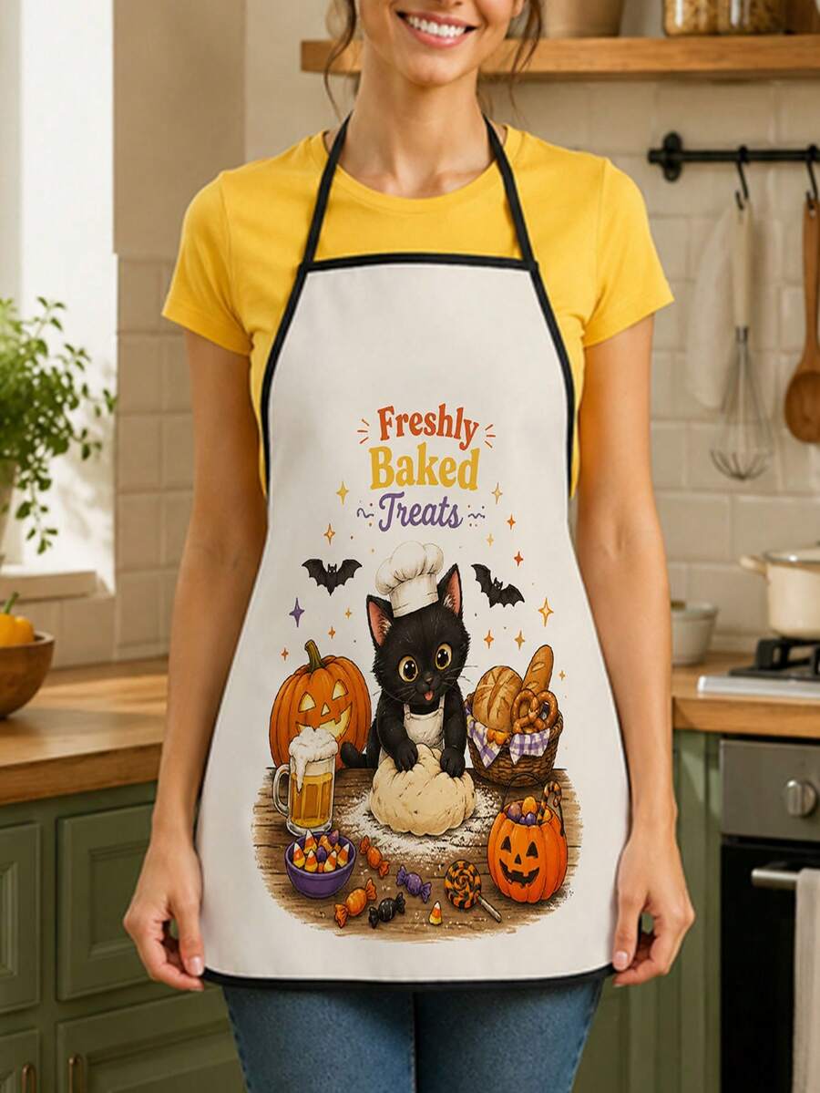 1pc Halloween Baking Theme Apron, 55x68cm Large Size Black Border Kitchen Decor, Printed With Cute Cat And Pumpkin Pattern Autumn Holiday Table Party Accessory, Suitable For Cooking In Autumn And Winter - Multicolor 1 - View 1