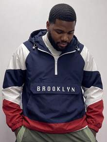 Plus Size Men's Hooded Color Block Half-Zip Jacket With Letter Embroidery, Casual Streetwear Sports Coat - Navy Blue - View 1