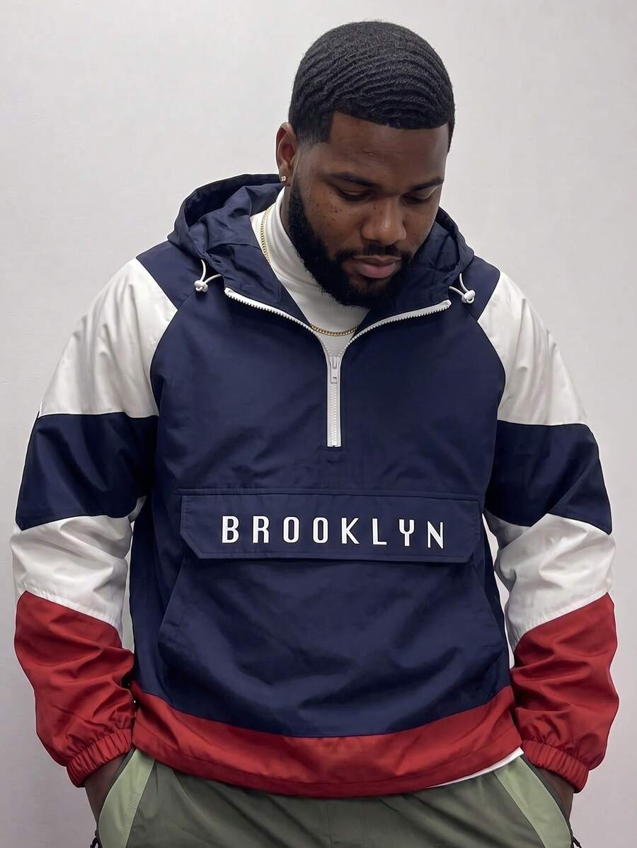 Plus Size Men's Hooded Color Block Half-Zip Jacket With Letter Embroidery, Casual Streetwear Sports Coat - Navy Blue - View 1