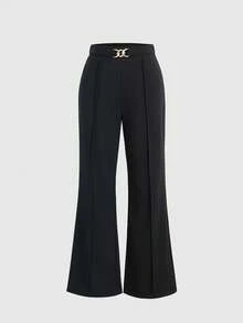 Women's Pure Black High Waist Flare Suit Pants, Gold Metal Interlocking Buckle Decor, Front Seam Slim Fit Flare Pants - Black - View 10