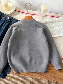 Boys' Stand Collar Full Zip Long Sleeve Knit Cardigan With Ribbed Texture And Raglan Sleeves, Simple Casual Versatile Knit Jacket For School And Daily Wear In Autumn/Winter - Grey - View 3